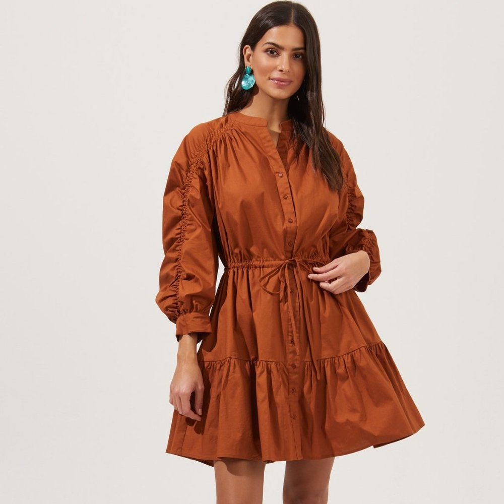 ASTR THE LABEL - RUCHED LONG SLEEVE DRESS COGNAC